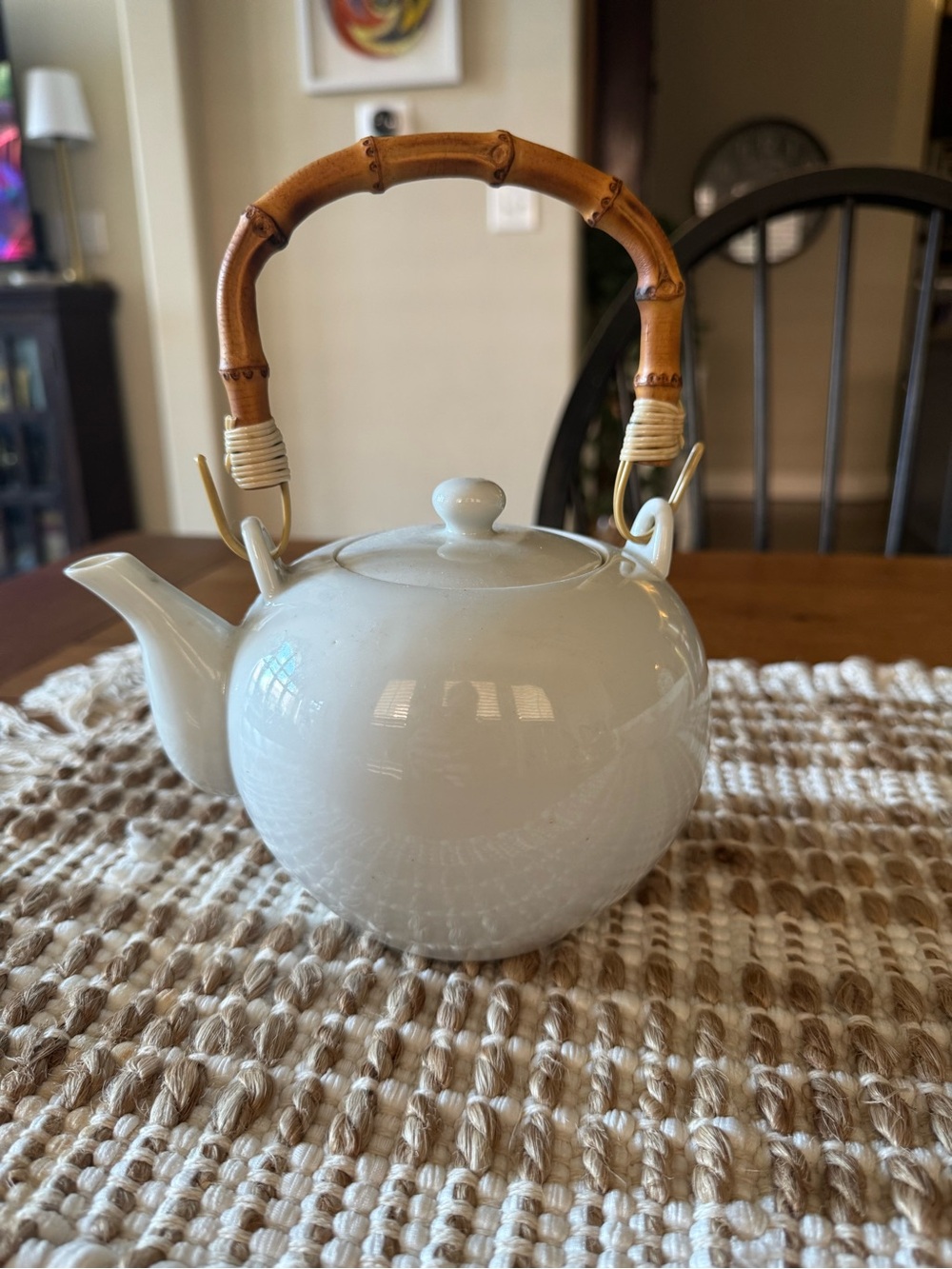 White Ceramic Teapot with Bamboo Handle- made in Japan